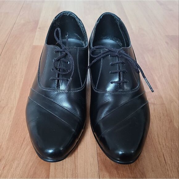 Basini Black Leather Oxford Shoes with Cuban Heel – Size 7.5 - Picture 2 of 10